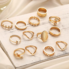 13-Piece 18K Gold Plated Austrian Crystal Italian Design Medallion Ring Set